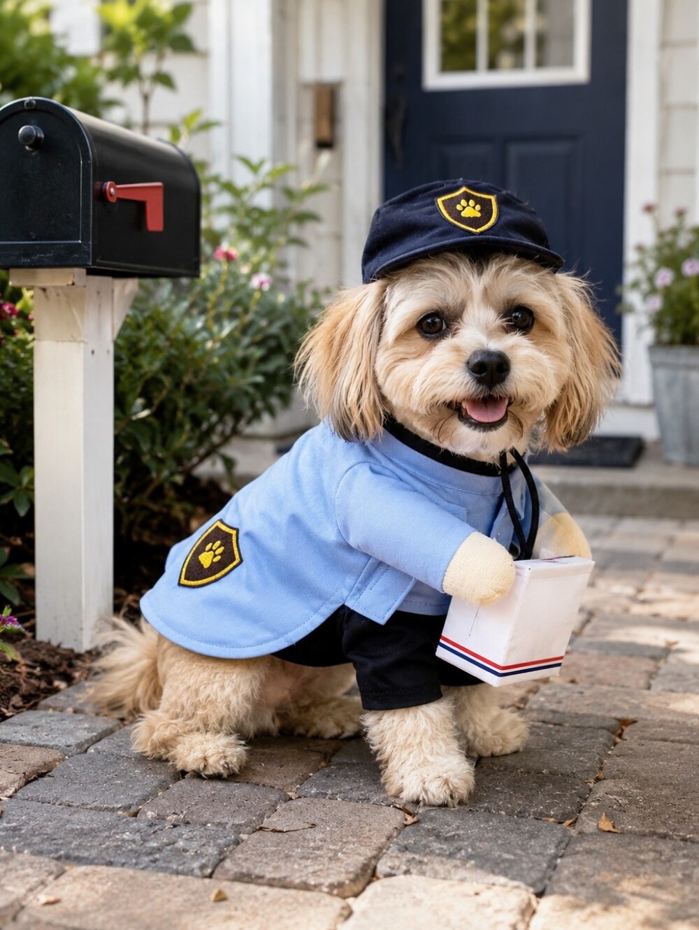 Dog Mailman Costume with Hat Blue Postal Carrier Pet Halloween Outfit